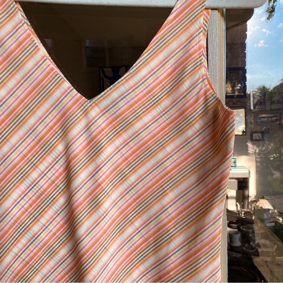 NWOT Theory 100% Silk Bias Cut Striped V Neck Tank Top in Coral, Pink, & White - Picture 2 of 7